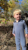 Snuggle Blue/Navy stripe cosy fabric Polo Romper