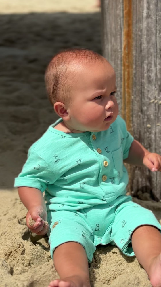 aqua, henry, print, Henley, romper, button, buttons, pocket, little, boy, at, the, beach, spring, summer, henry.