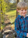 Navy, blue, plaid, woven, shirt, long sleeve, buttoned, Henry, spring, summer.