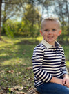 White, navy, stripe, striped, polo, buttoned, collar, smart, casual, Henry.