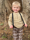 little, boy,  blond, hair, mustard, tee, brown, plaid, pants, suspenders, casual, autumn, henry.