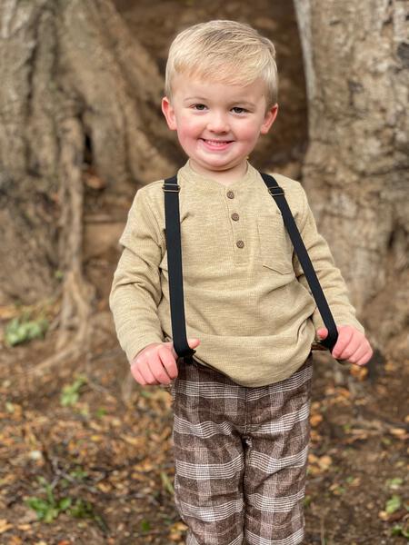 little, boy,  blond, hair, mustard, tee, brown, plaid, pants, suspenders, casual, autumn, henry.