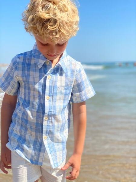 Blue/white plaid short sleeved shirt