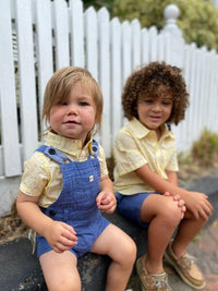 Yellow, bow tie, print, printed, short sleeve, woven, onesie, baby, smart, casual, stripe, spring, summer, Henry.