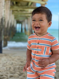 Peach, blue, ribbed, henley, romper, baby, spring, summer, casual, beach, holiday, buttoned, pocket, Henry.