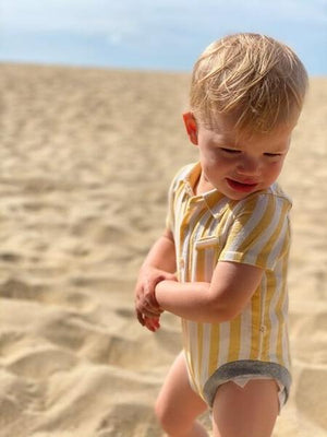 Lemon/White Striped Short Sleeved Woven Onesie