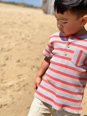 Pink, blue, ribbed, stripe, henley, buttoned, tee, pocket, casual, spring, summer, Henry.