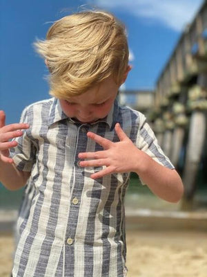 Navy, cream, stripe, striped, shirt, short sleeve, spring, summer, holiday, beach, buttoned, Henry.