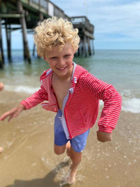 Red, stripe, striped, hooded, top, hood, towel, towelling, zip, zipped, warm, Henry.