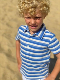 Blue, white, waffle, stripe, striped, polo, short sleeve, casual, collar, Henry.