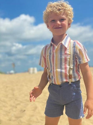 Red, white, blue, stripe, striped, shirt, short sleeve, buttoned, casual, beach, spring, summer, holiday, Henry.