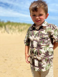 Cream, pink, palm, print, printed, shirt, short sleeve, pocket, buttoned, beach, spring, summer, Henry.