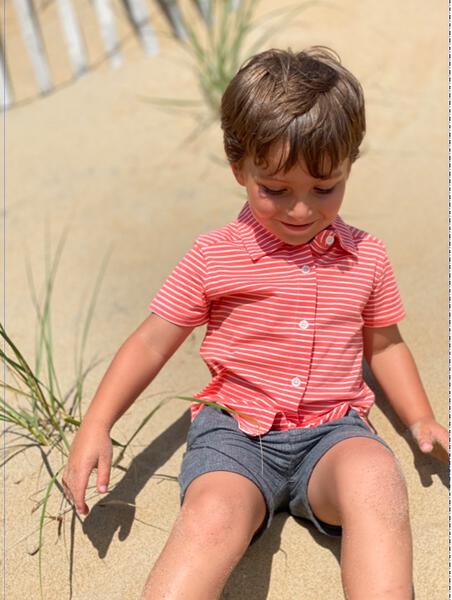 Coral, stripe, striped, jersey, shirt, buttoned, short sleeve, collar, casual, spring, summer, beach, Henry.