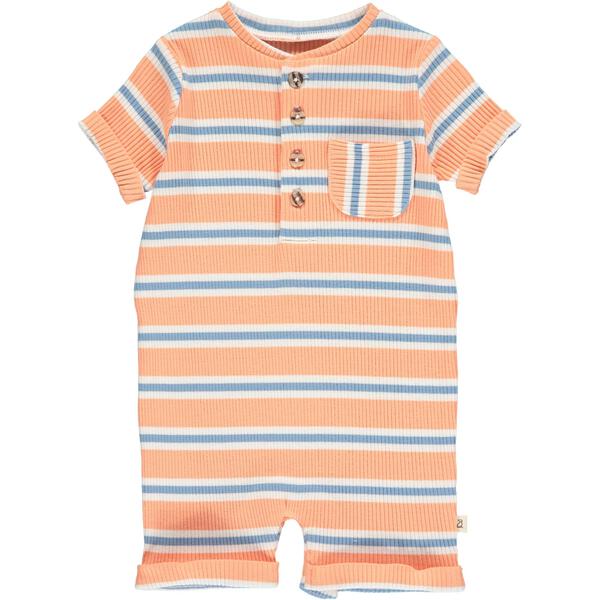 Peach, blue, ribbed, henley, romper, baby, spring, summer, casual, beach, holiday, buttoned, pocket, Henry.