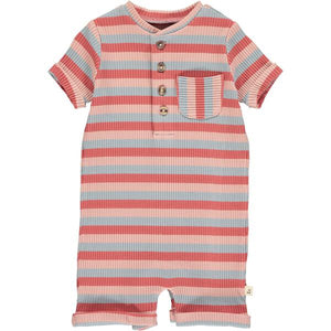 Pink, grey, stripe, henley, ribbed, romper, baby, buttoned, holiday, spring, summer, Henry.