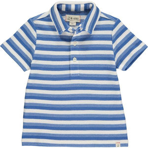 Blue, white, waffle, stripe, striped, polo, short sleeve, casual, collar, Henry.