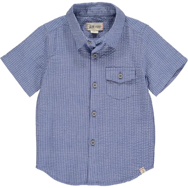 Cobalt, blue, seersucker, shirt, short sleeve, casual, spring, summer, buttoned, pocket, Henry.