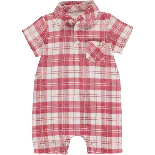 Red, plaid, polo, romper, baby, buttoned, pocket, spring, summer, Henry.