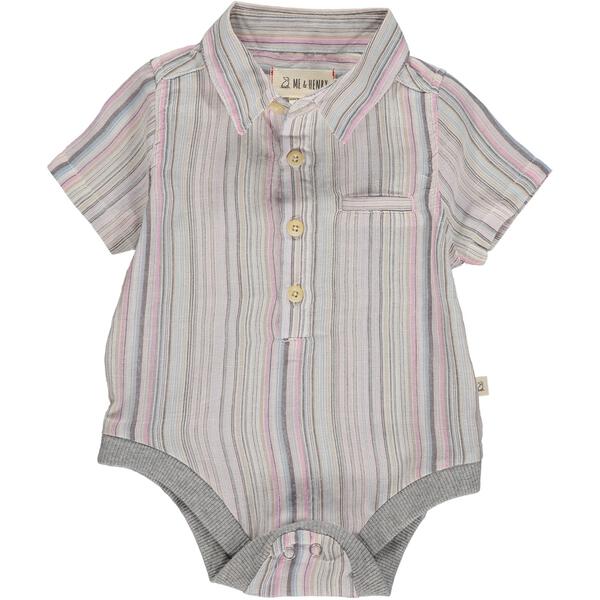 Pink, multi, stripe, striped, short sleeve, woven, onesie, baby, buttoned, pocket, Henry.