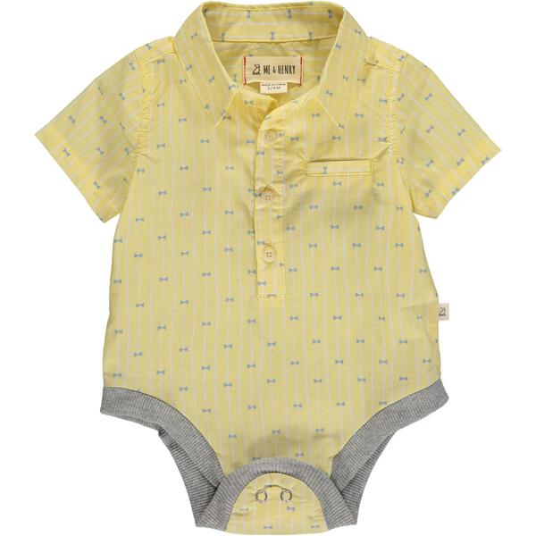 Yellow, bow tie, print, printed, short sleeve, woven, onesie, baby, smart, casual, stripe, spring, summer, Henry.