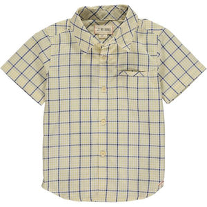 Grey, blue, plaid, shirt, short sleeve, casual, buttoned, pocket, Henry.
