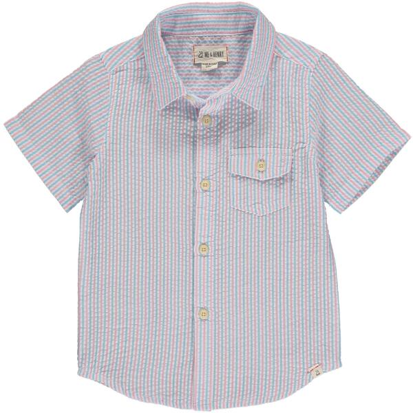 Sky, pink, seersucker, short sleeve, shirt, buttoned, pocket, smart, casual, spring, summer, Henry.