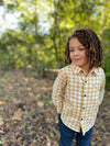 Curly Hair Boy Gold, White, plaid, Woven, Shirt, Atwood, Smart , Casual, Dad, Daddy, Henry, Blue, Jeans, long, sleeves, sleeved, sleeve. 