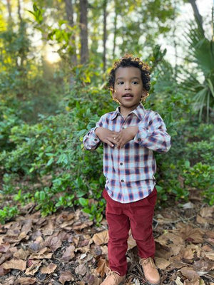 Navy/red/cream plaid woven shirt