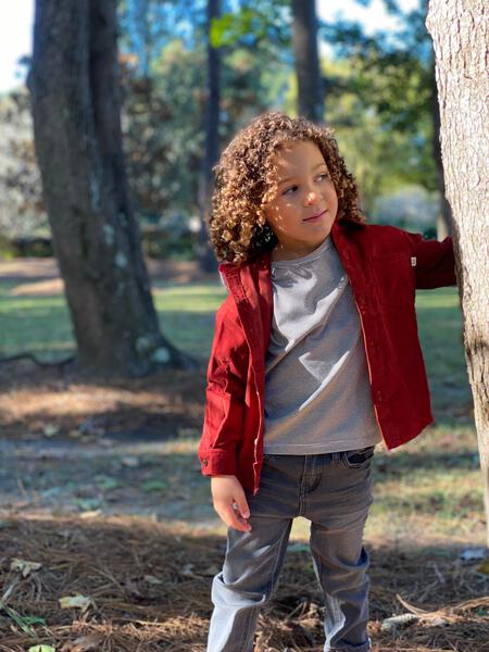 Red cord hooded woven shirt