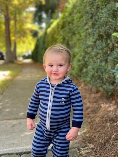 Navy stripe hooded romper