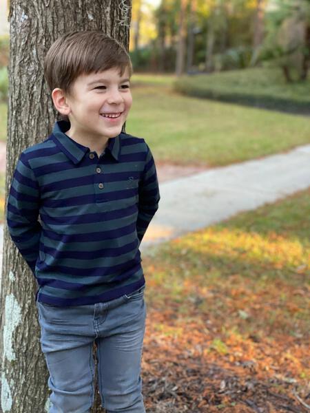 Navy/green stripe pique polo