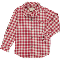 Red/white plaid woven shirt