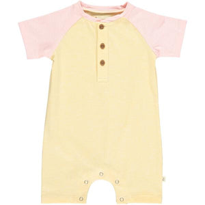 Yellow, salmon, block, henley, romper, baby, buttoned, poppers, spring, summer, soft, comfy, casual, Henry.