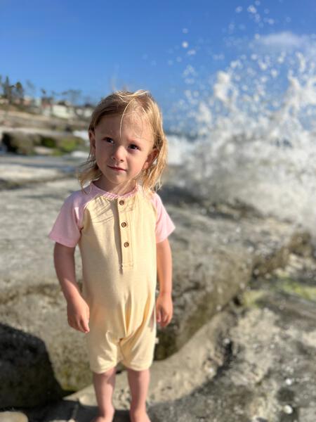 Yellow, salmon, block, henley, romper, baby, buttoned, soft, comfy, casual, spring, summer, Henry.