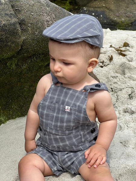 Grey, white, stripe, striped, flat cap, cap, baby, smart, dog, Henry.
