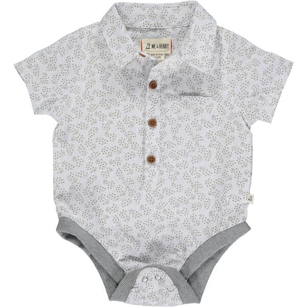 Taupe, floral, short sleeve, shirt, onesie, baby, woven, buttoned, pocket, collar, smart, casual, spring, summer, Henry.