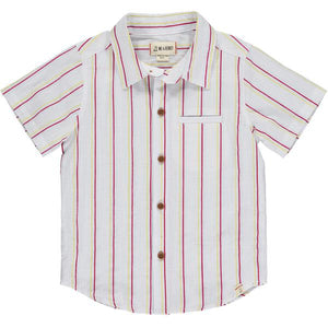 Red, blue, gold, stripe, striped, short sleeve, shirt, buttoned, collar, pocket, smart, casual, spring, summer, Henry.