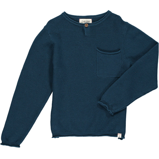 Blue, knit, knitted, sweater, jumper, casual, pocket, button, Henry.