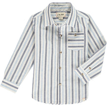  Blue, white, stripe, striped, shirt, long sleeve, casual, buttoned, pocket, collar, Henry.