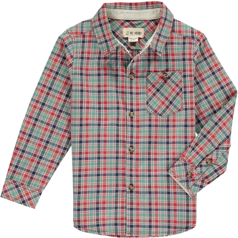 Green, red, check, checked, shirt, long sleeve, buttoned, pocket, casual, Henry.