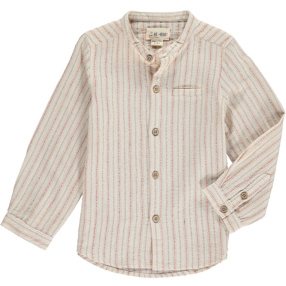Red, beige, stripe, striped, round neck, shirt, long sleeve, buttoned, smart, casual, Henry.