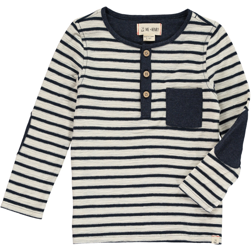 Navy, stripe, striped, henley, tee, long sleeve, buttoned, pocket, elbow patch, Henry.