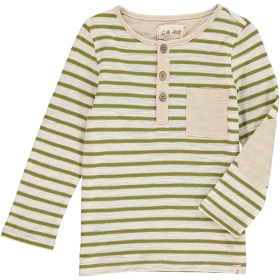 Olive, stripe, striped, henley, tee, buttoned, pocket, casual, elbow patch, Henry, long sleeve.