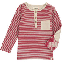 Red, stripe, striped, henley, tee, long sleeve, buttoned, pocket, elbow patch, Henry.