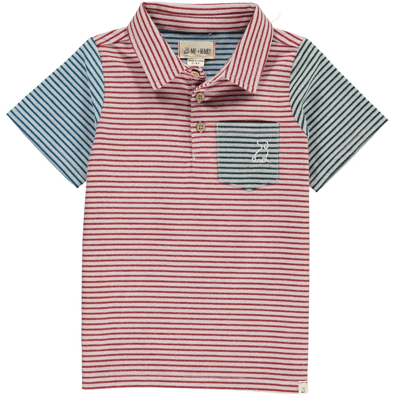 Red, multi, stripe, striped, polo, short sleeve, buttoned, dog, Henry, casual.
