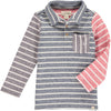 Navy, multi, stripe, striped, polo, long sleeve, casual, Henry, pocket, buttoned, dog.