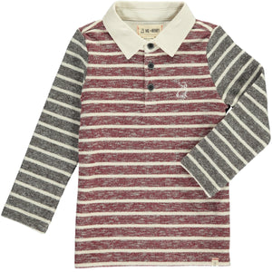 Burgundy, stripe, striped, rugby, polo, collar, buttoned, dog, Henry, long sleeve.