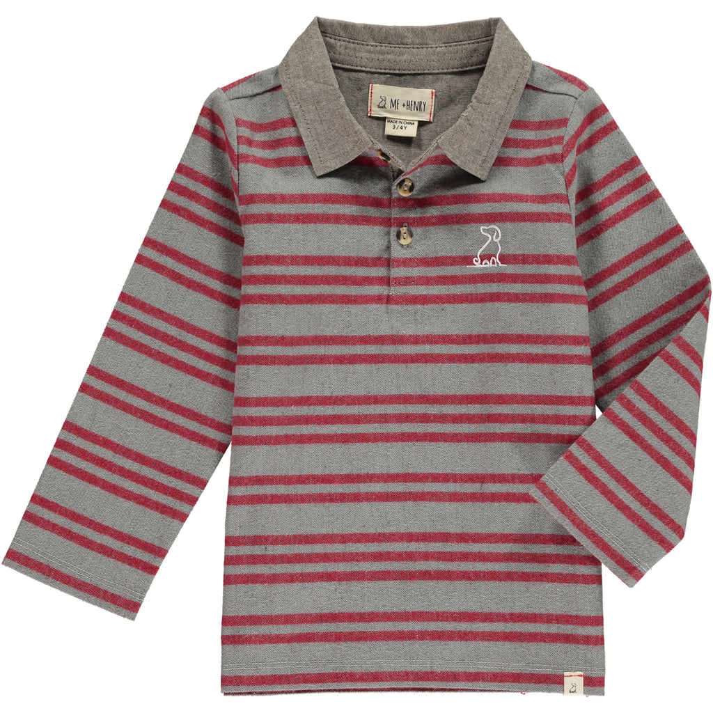 Grey, red, stripe, striped, rugby, polo, top, long sleeve, dog, Henry, casual, collar.