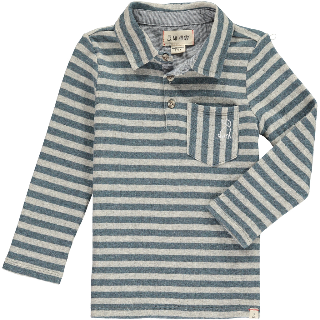 Grey, stripe, striped, polo, long sleeve, buttoned, pocket, dog, Henry, casual.
