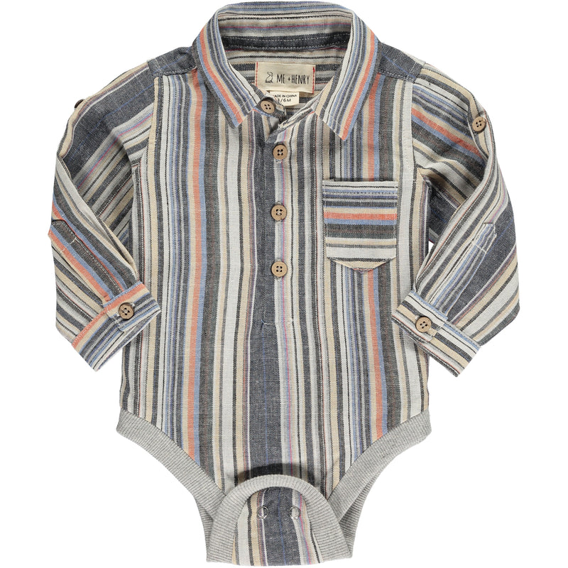 Multi, stripe, striped, woven, onesie, baby, buttoned, pocket, long sleeve, smart, casual, Henry.